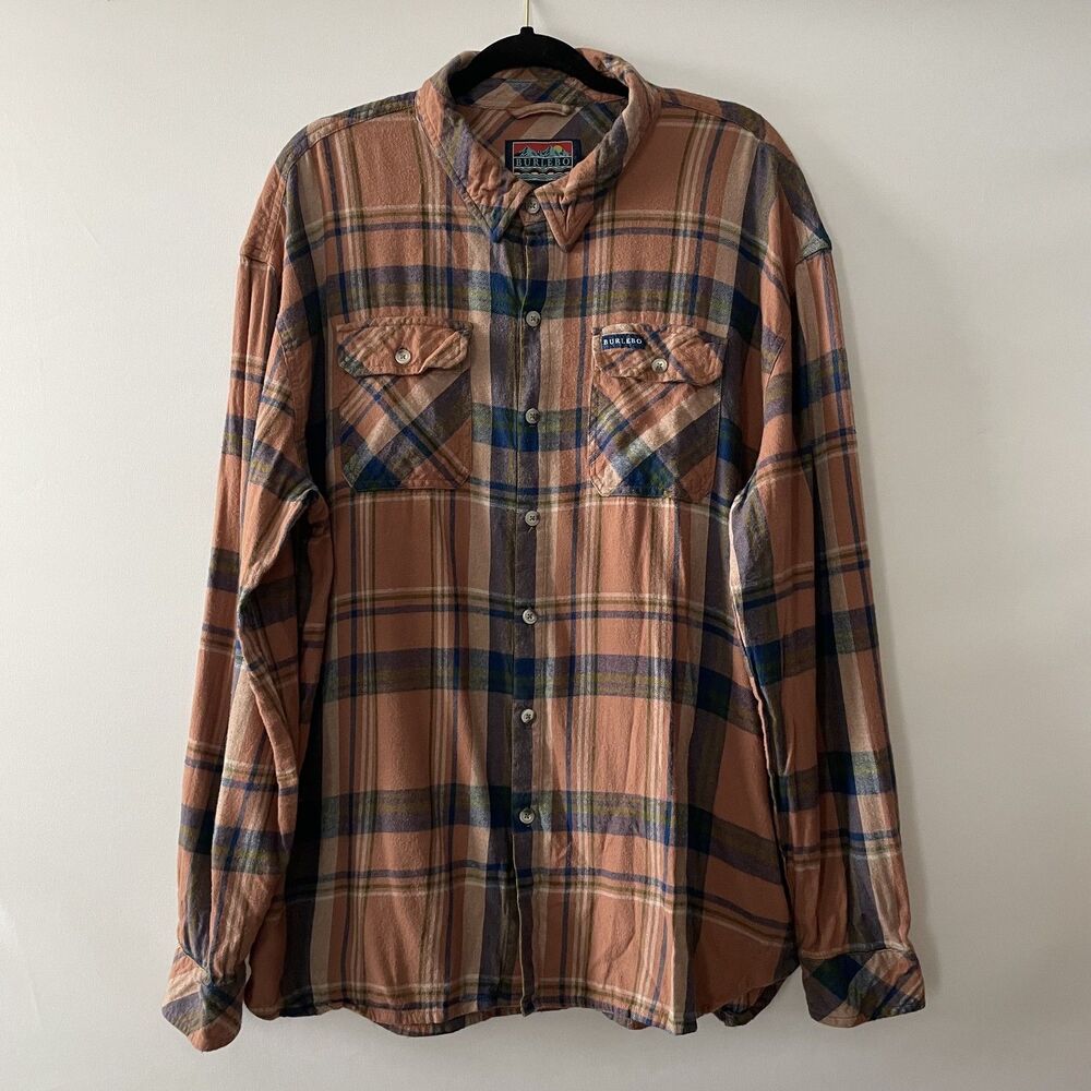 Burlebo Button Up Shirt Plaid Salmon Blue Cotton Rayon Men Size XL